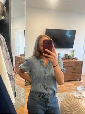 LOFT Light Blue Pintuck Ruffle-Front Blouse